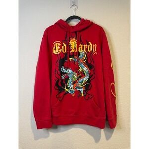 Ed Hardy Mens Red Dragon Graphic Hoodie Tattoo Style Sweatshirt Large